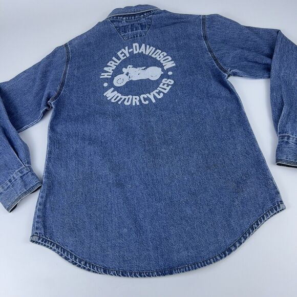 Harley Davidson Grease Monkey Denim Shirt Women’s XS Intentionally Distressed - Picture 5 of 15